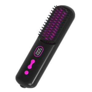 Travel Hair Straightener Brush – Cordless, 200M Anion Smoothing, LCD Temp Display – Comes with 2 Styling Clips