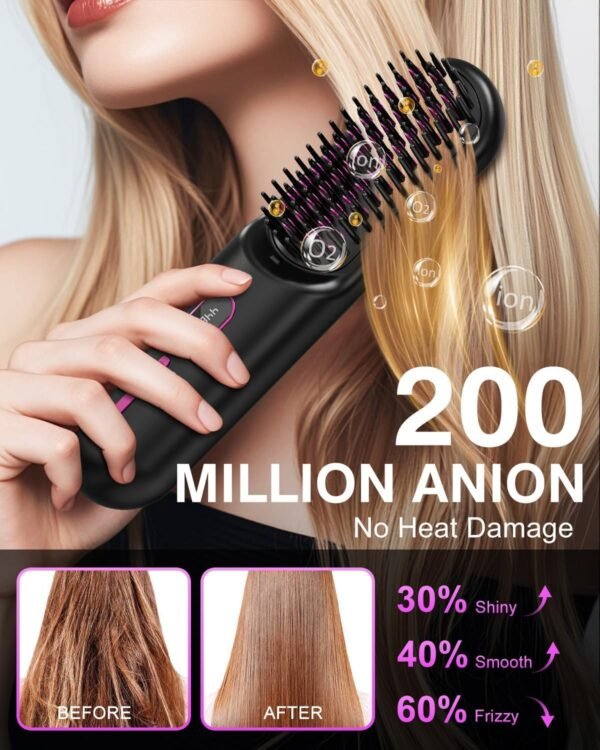 Travel Hair Straightener Brush – Cordless, 200M Anion Smoothing, LCD Temp Display – Comes with 2 Styling Clips - Image 2