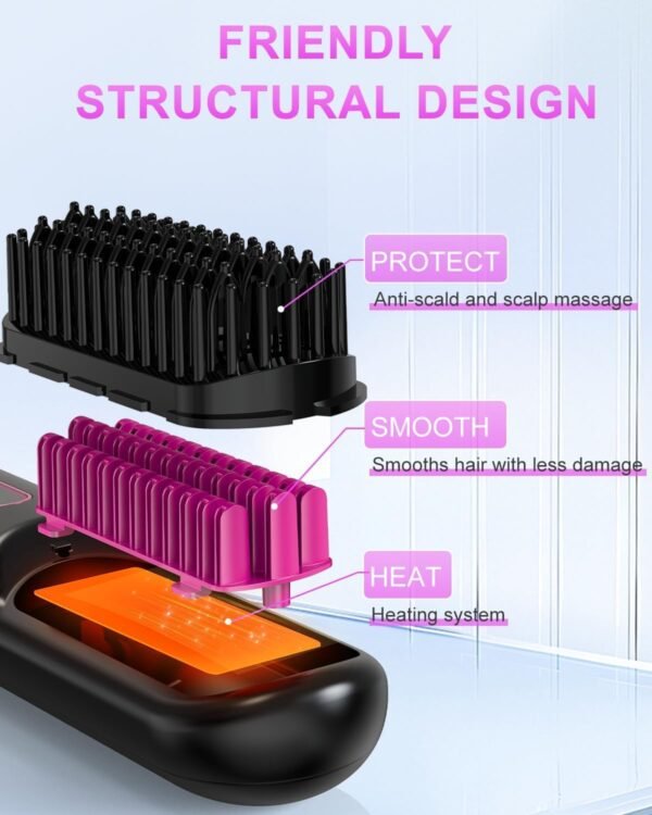Travel Hair Straightener Brush – Cordless, 200M Anion Smoothing, LCD Temp Display – Comes with 2 Styling Clips - Image 3